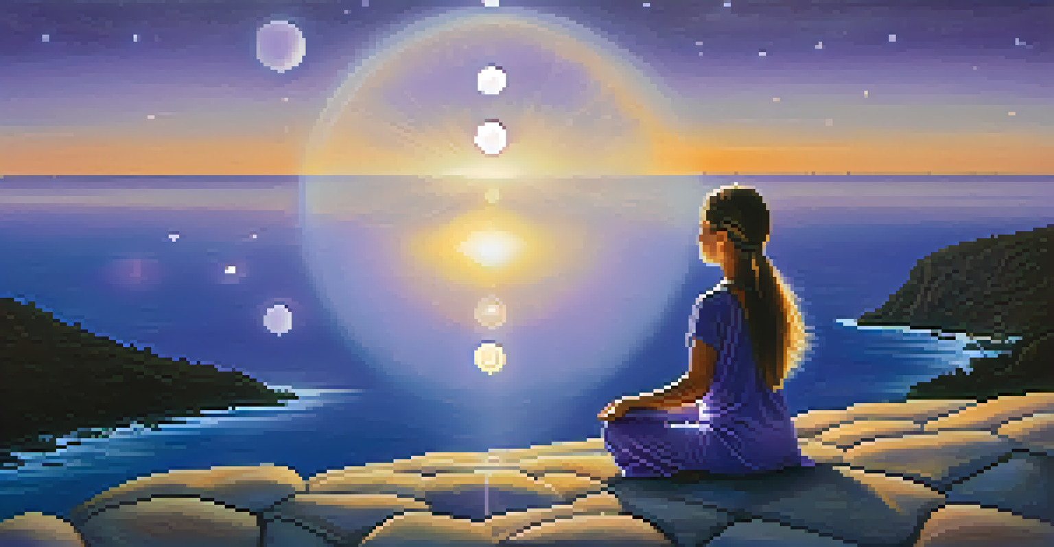 A meditative figure in Child's Pose on a cliff at dawn, overlooking the ocean, with glowing orbs of light, representing intuition and insight.
