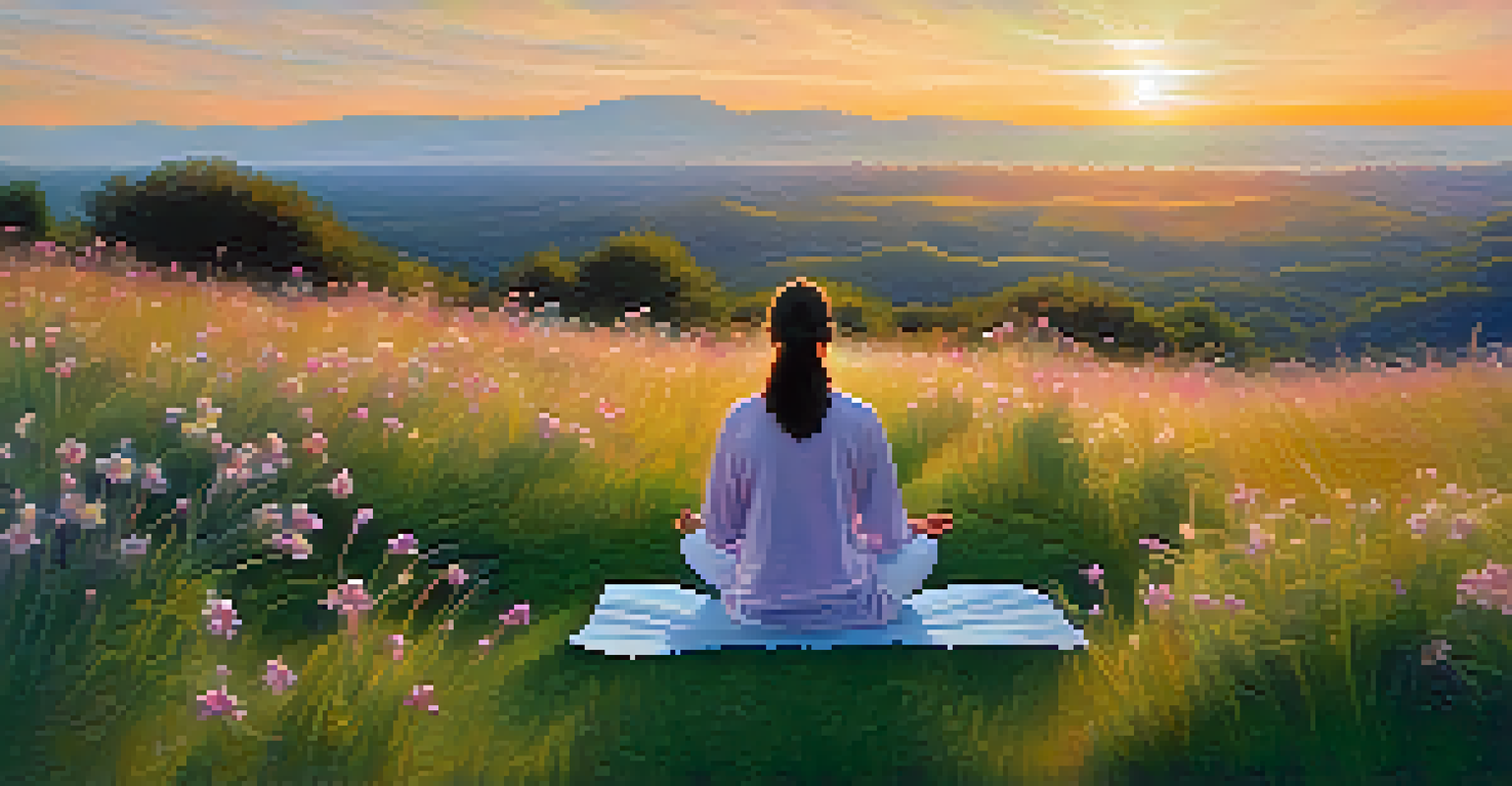 A person meditating on a grassy hill at sunrise, surrounded by flowers and a colorful sky.