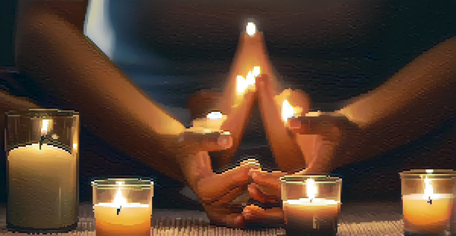 A close-up of hands forming a yoga mudra, with candles and essential oils in the background, conveying a sense of peace and mindfulness.