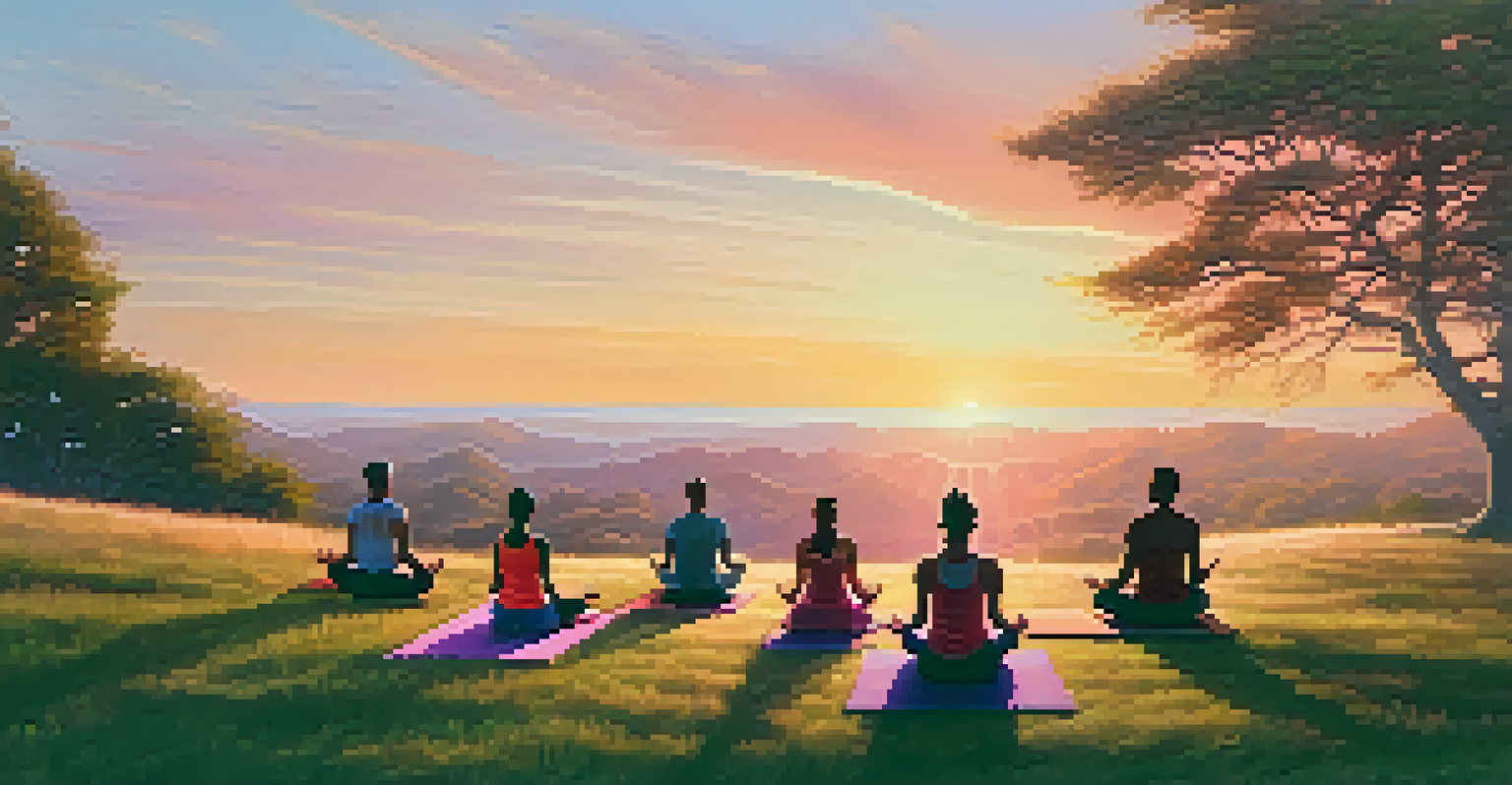 A diverse group of individuals practicing Tree Pose at sunrise on a grassy hilltop, surrounded by warm colors of the morning sky.