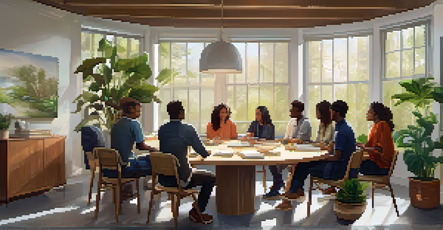 A group of team members participating in a guided breathing session in a warm, inviting meeting room.