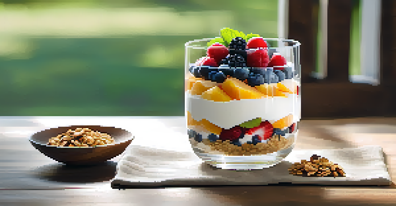 A layered fruit and yogurt parfait in a glass, with yogurt, berries, and granola, on a rustic wooden table with greenery in the background.