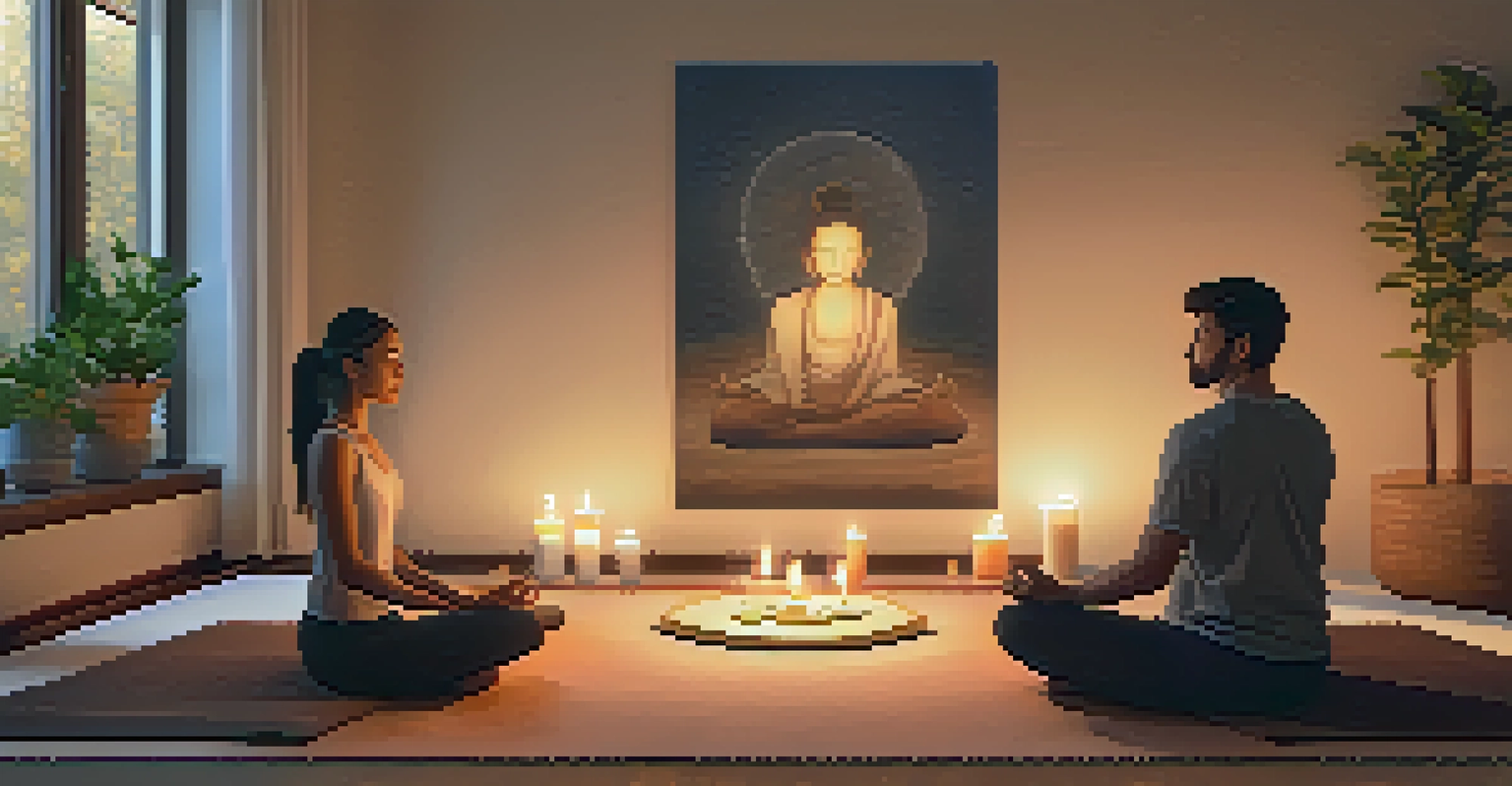 A couple practicing synchronized breathwork in a cozy room with candles and cushions.