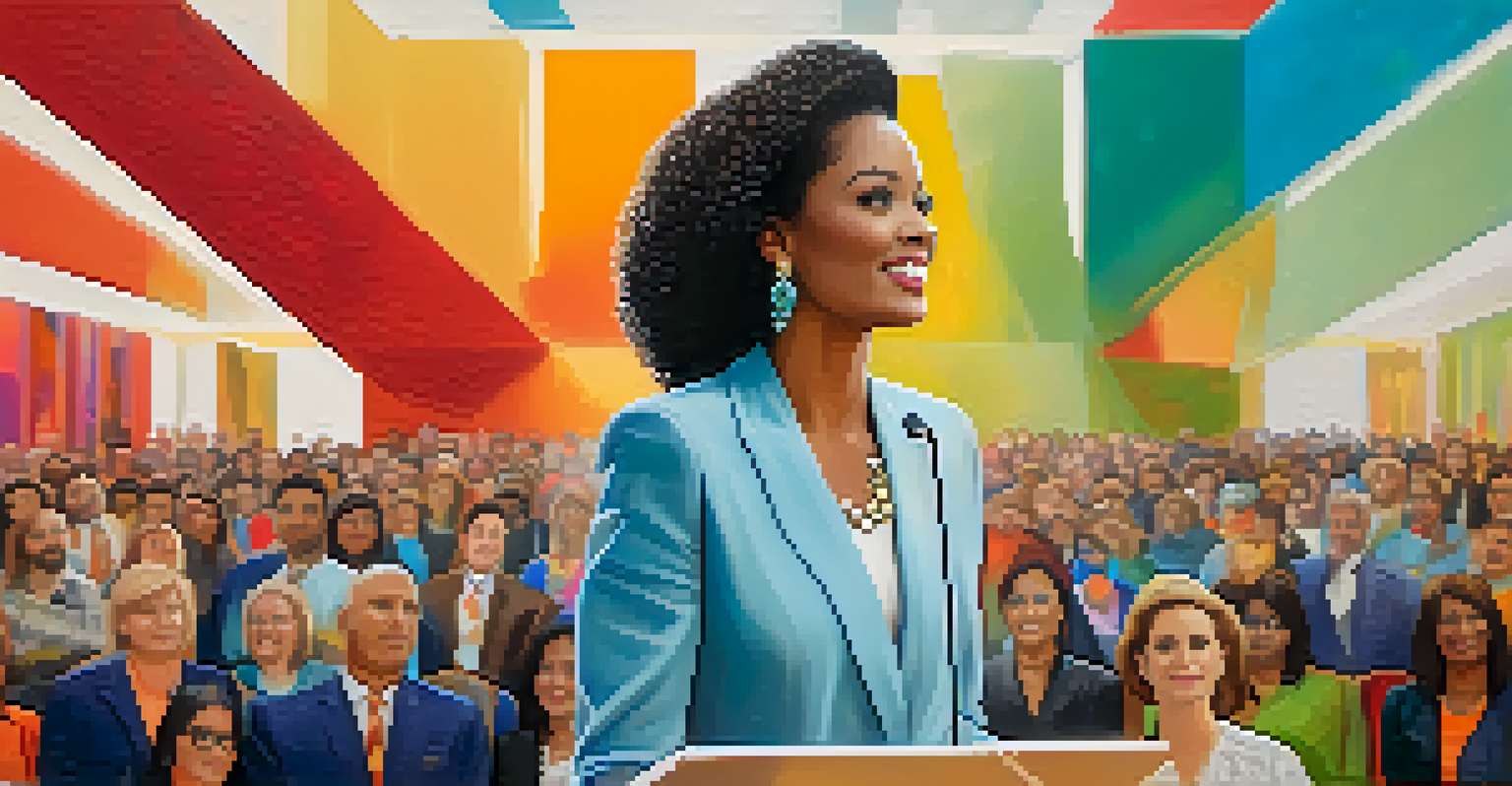 A confident female leader speaking on stage to an engaged audience, with vibrant colors in the background.