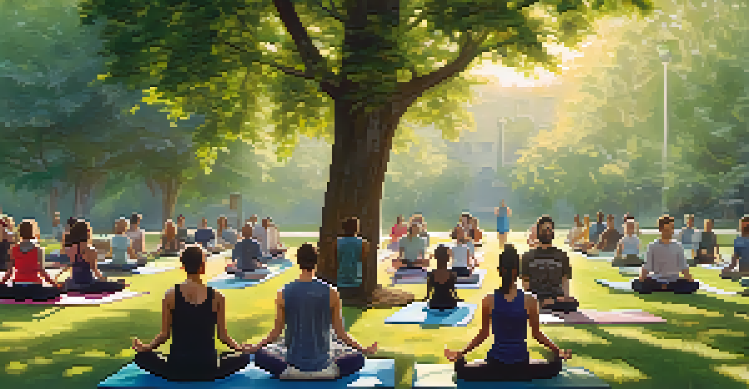 A diverse group of individuals practicing yoga together outdoors in a park, surrounded by greenery and sunlight.