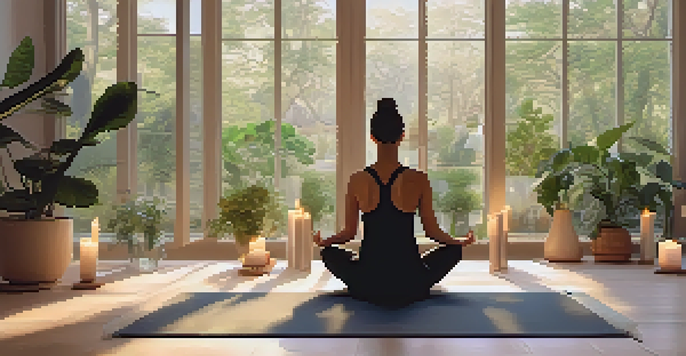 A peaceful yoga studio with a person meditating, surrounded by candles and plants, illuminated by soft morning light.