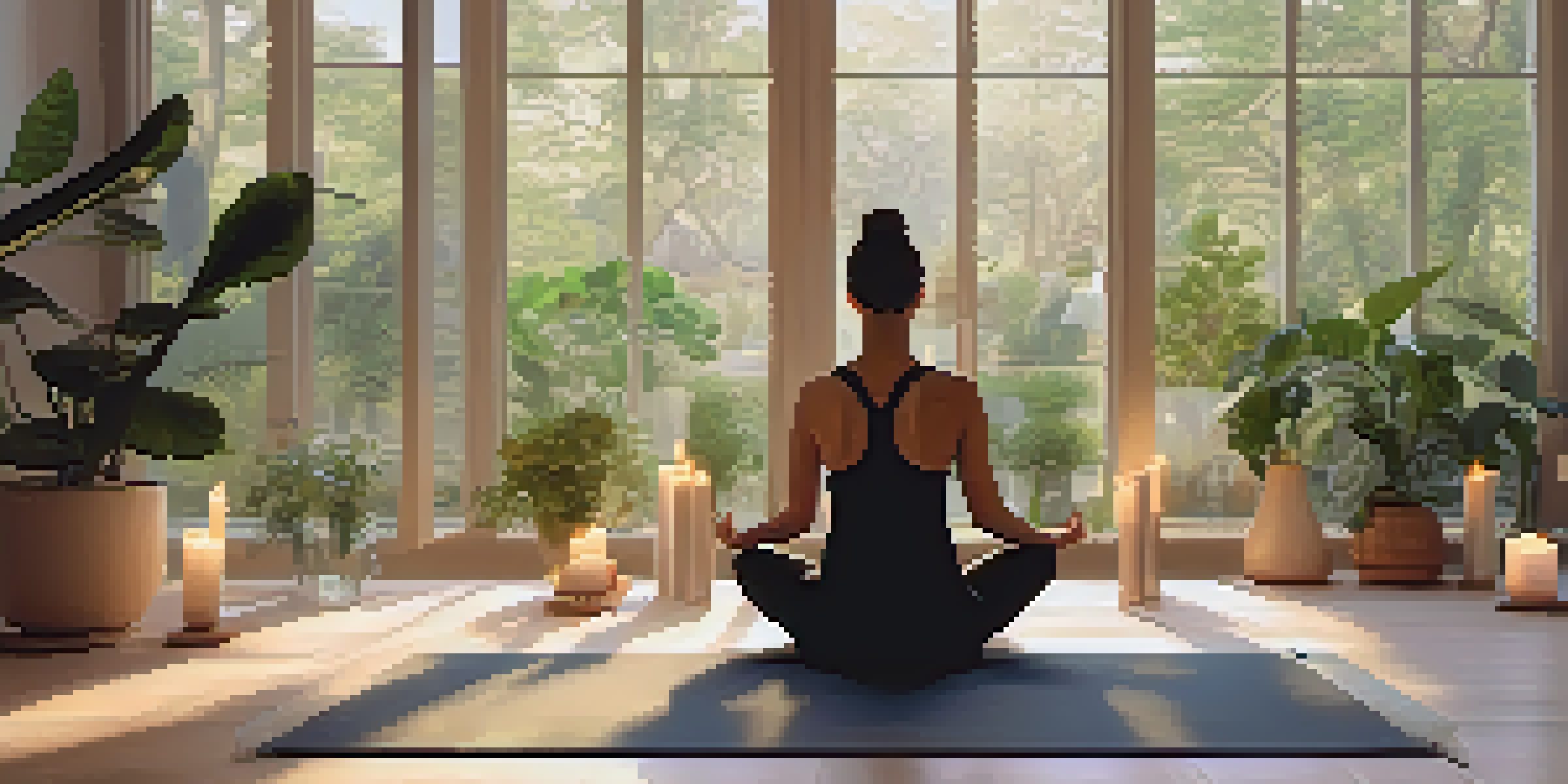 A peaceful yoga studio with a person meditating, surrounded by candles and plants, illuminated by soft morning light.