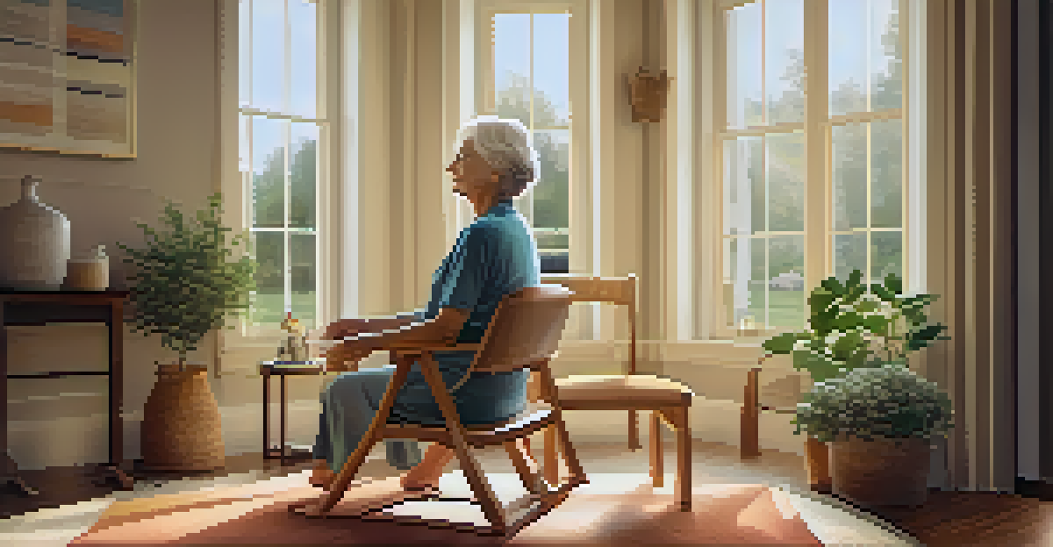 An elderly woman practicing chair yoga with props in a warm, inviting space, with a view of a garden outside.