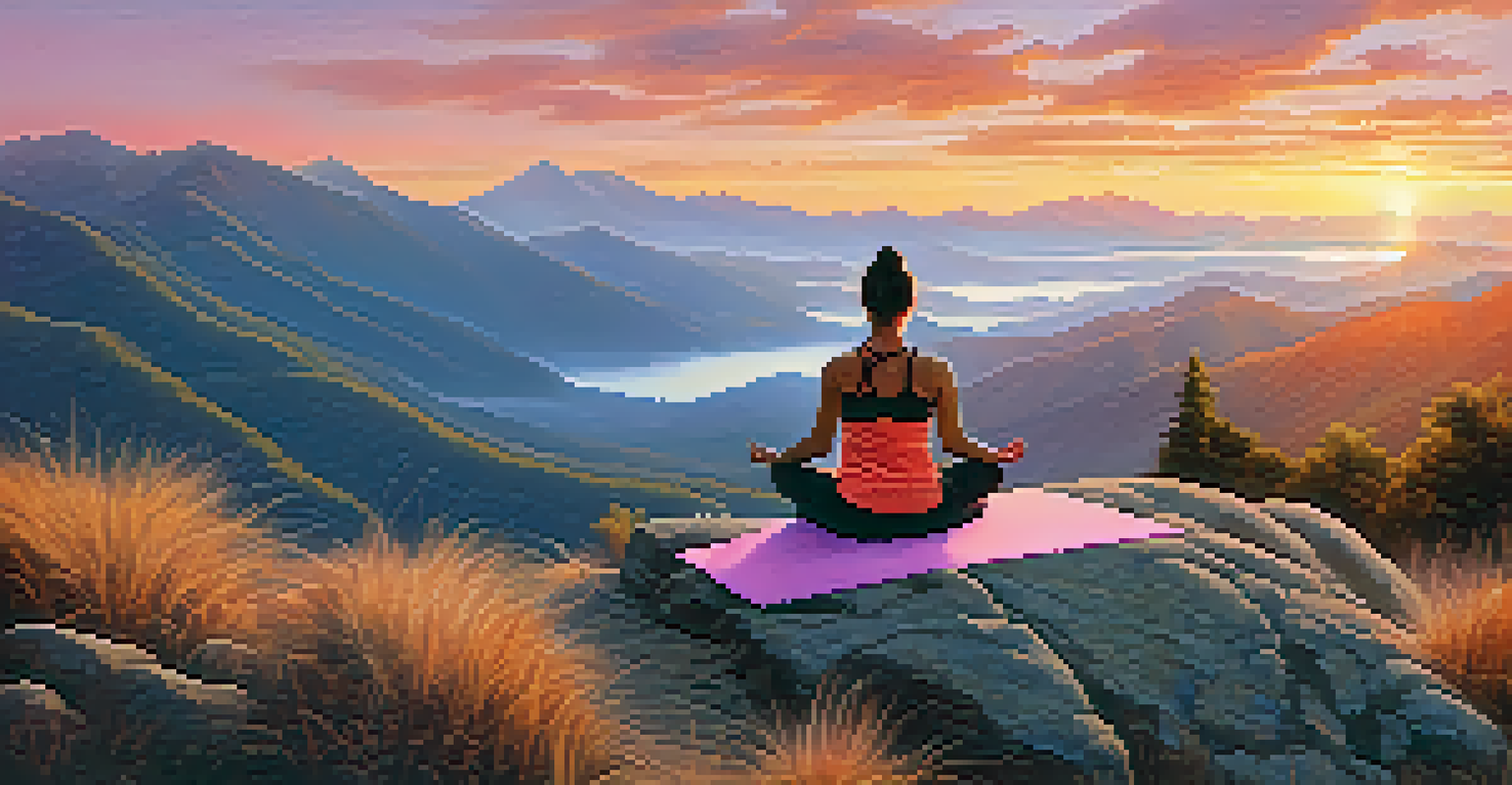 A person in a yoga pose on a mountain top at sunrise, surrounded by stunning views of valleys and peaks, with a colorful sky.