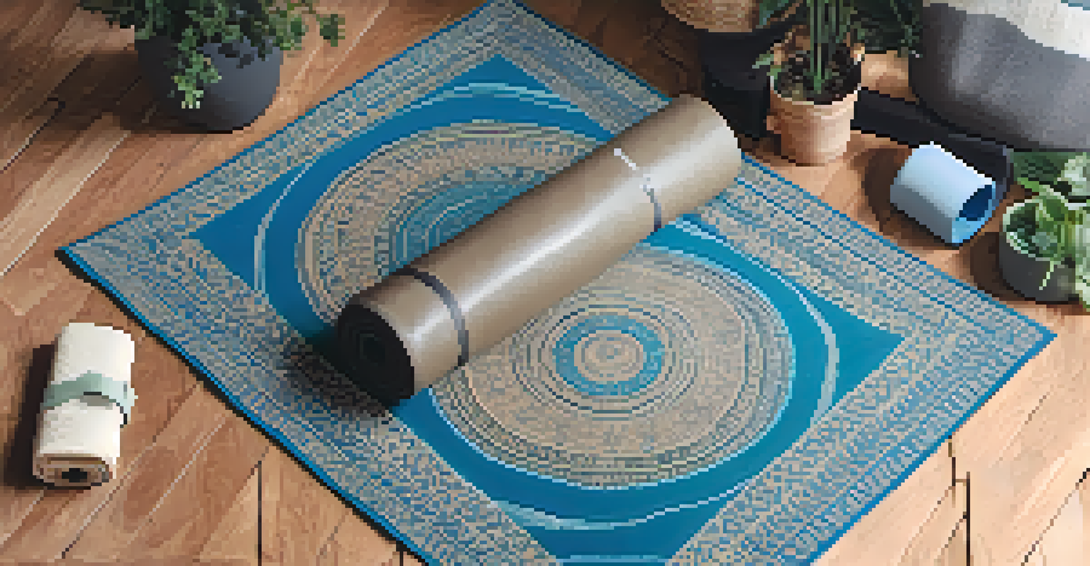 An overhead view of a yoga mat with props and a journal, set in a cozy room with soft lighting.
