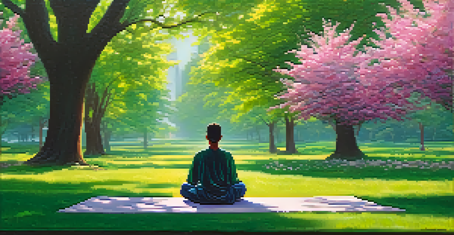 A person meditating outdoors in a park, surrounded by flowers and trees, with green energy around their heart.