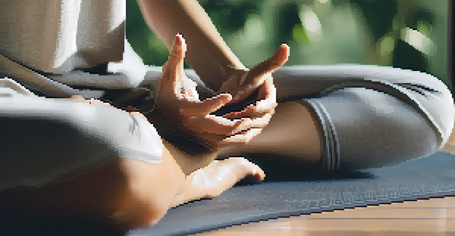 Close-up of hands in a meditative gesture on a yoga mat.