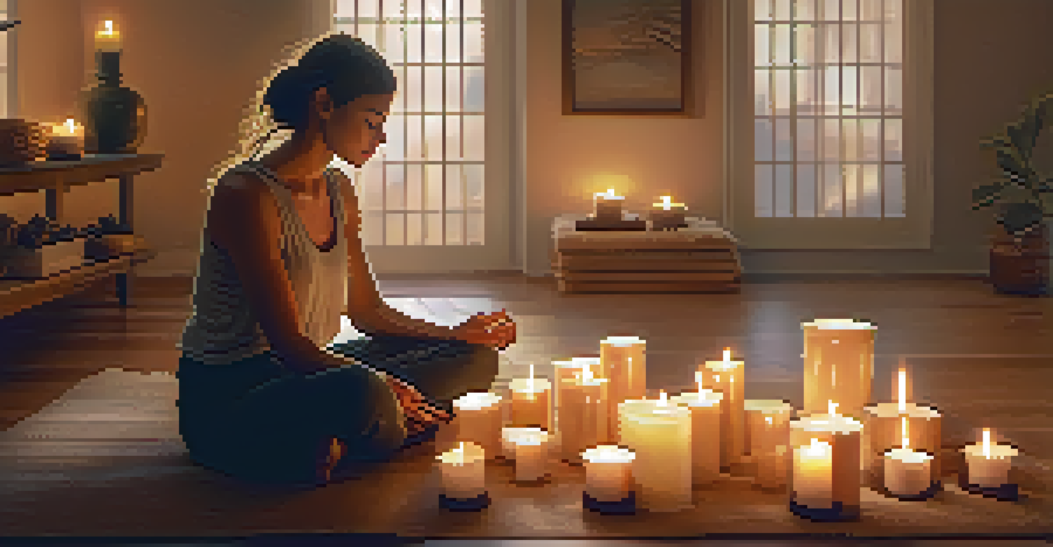 A close-up of a person meditating with hands on knees, surrounded by candles in a softly lit room, conveying tranquility.