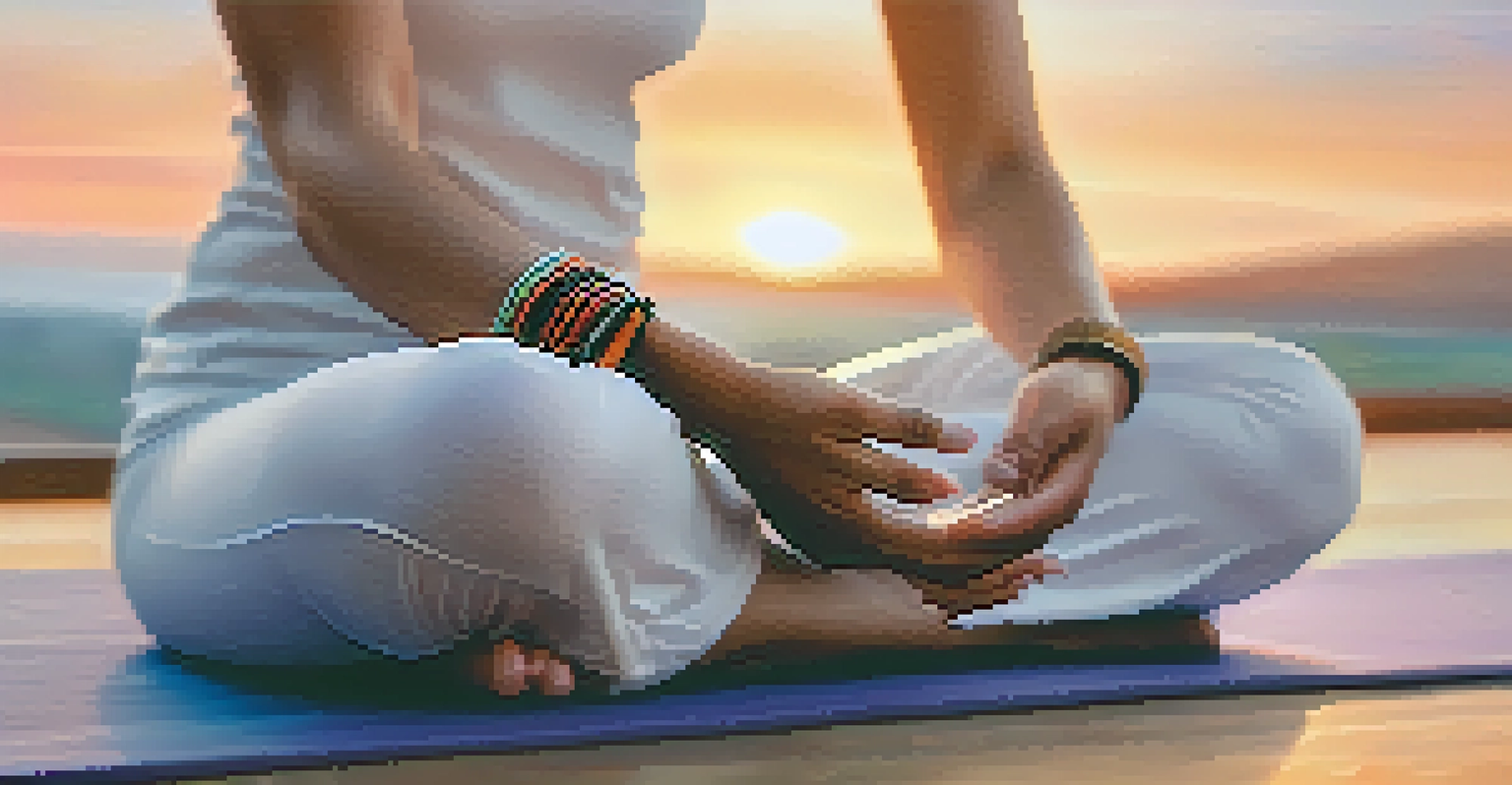 Close-up of hands in a meditative pose against a soft sunset background.