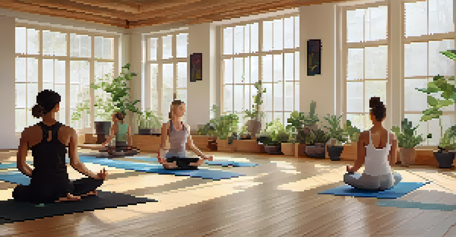 A diverse group of people practicing yoga in a well-lit studio with wooden floors and plants.