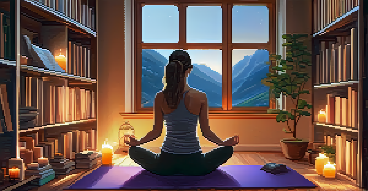 A person in Seated Forward Bend yoga pose on a mat in a cozy home setting, with warm lighting and decorative items around.