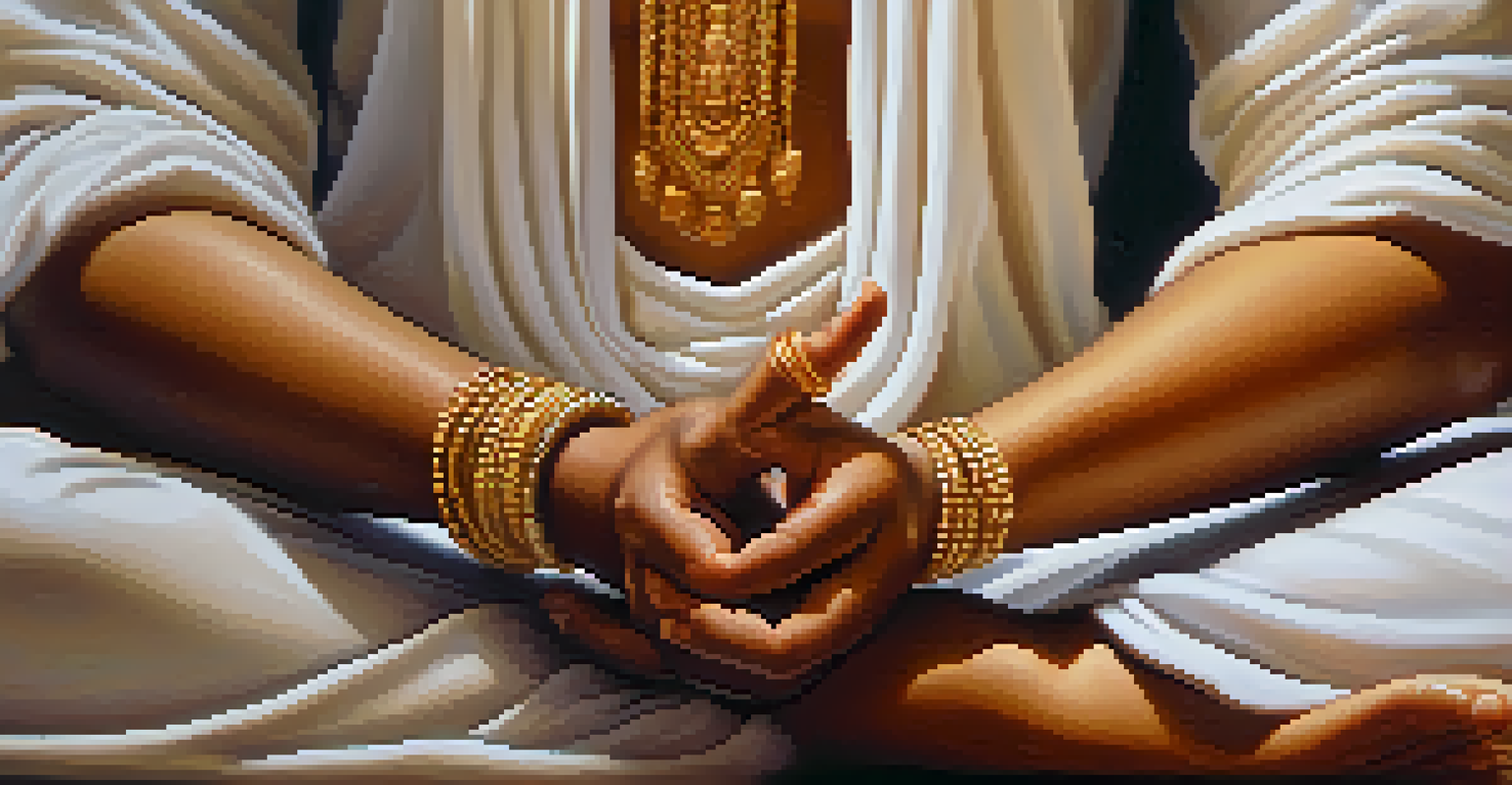Close-up of hands in a mudra gesture during meditation, with a soft, golden light background.