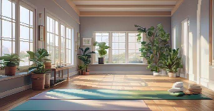 A peaceful yoga studio with natural light, wooden floors, and a yoga mat in the center surrounded by plants and candles.