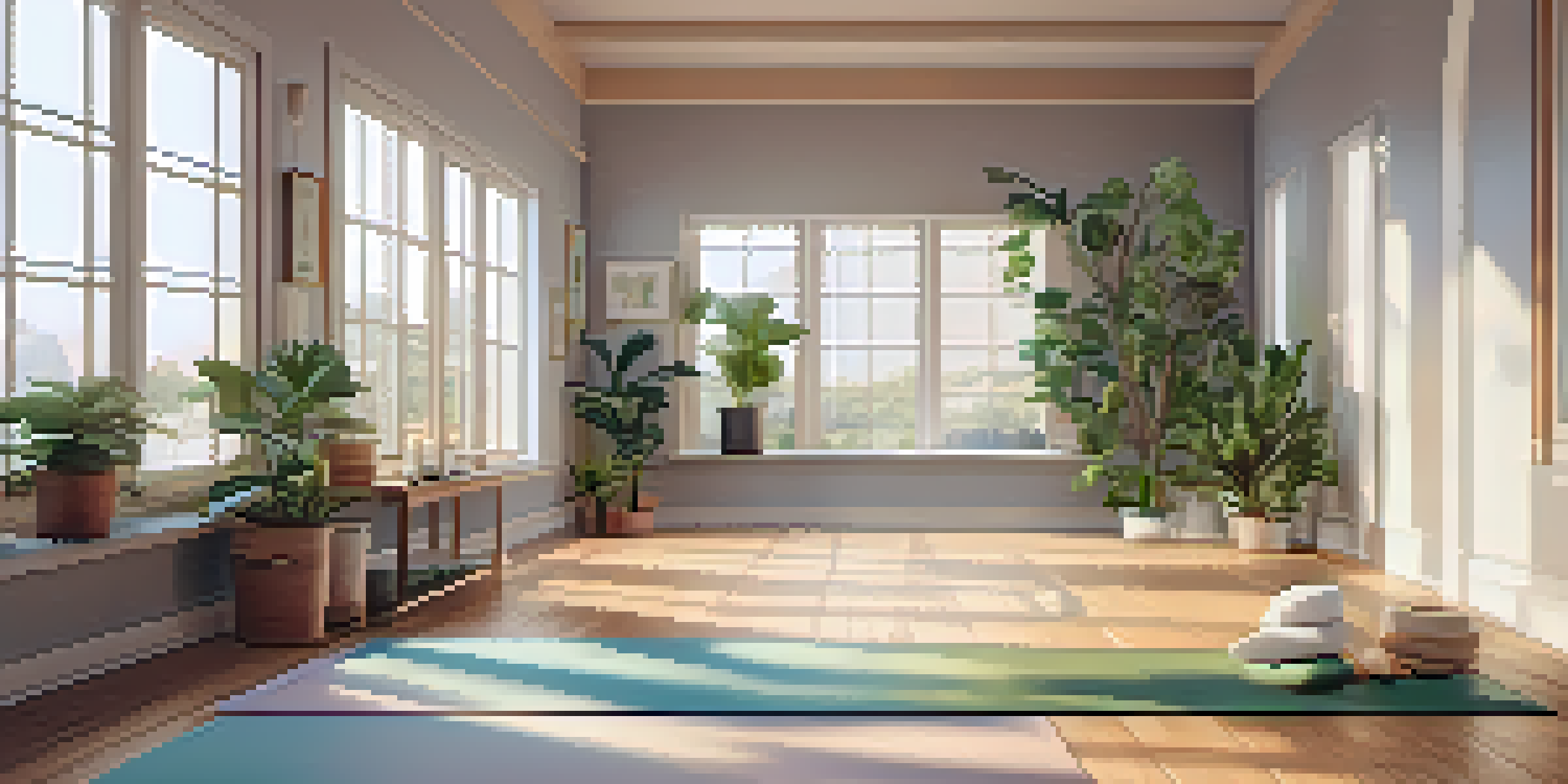 A peaceful yoga studio with natural light, wooden floors, and a yoga mat in the center surrounded by plants and candles.