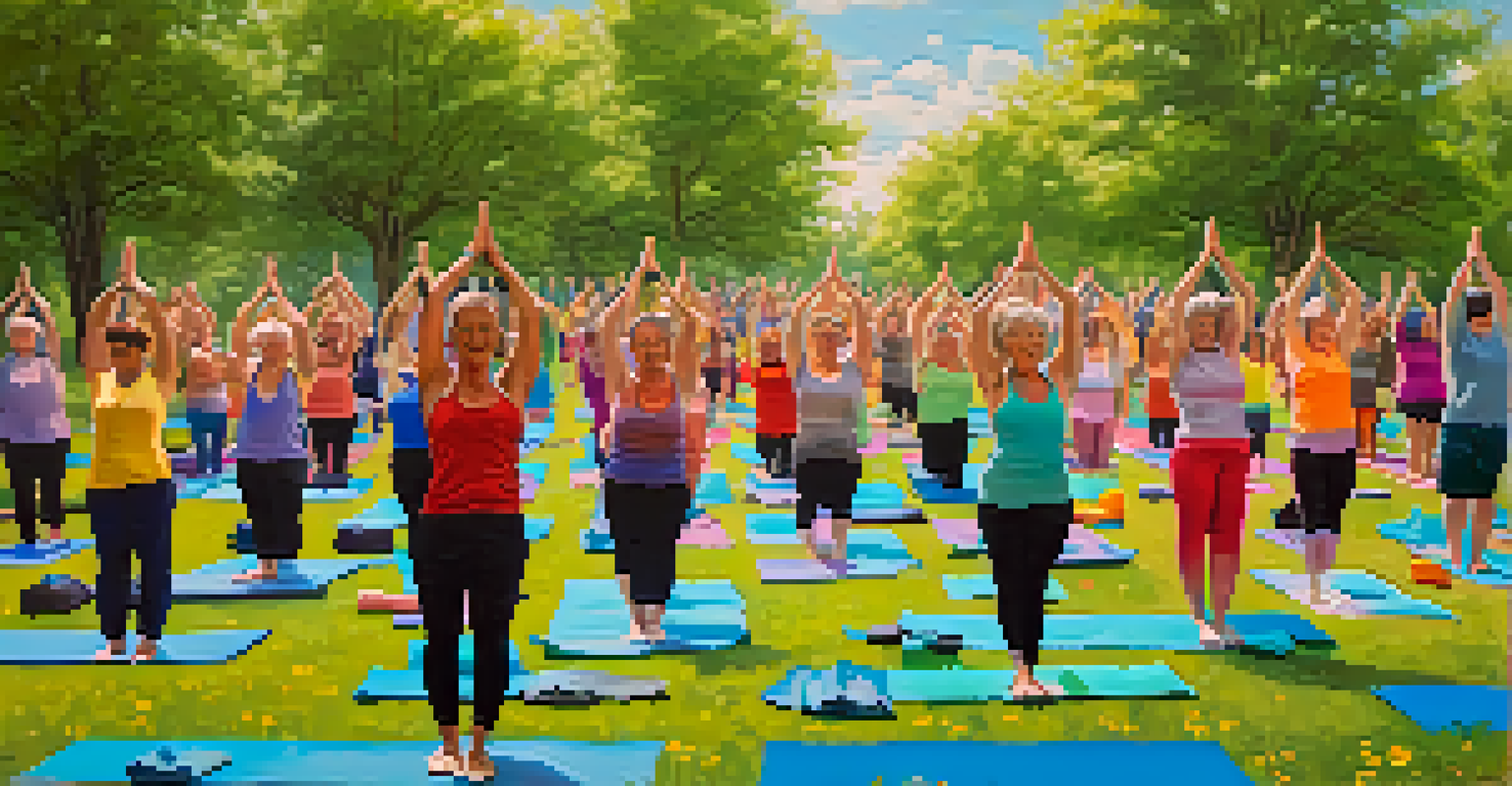 A joyful community yoga class in a park with diverse participants practicing yoga on colorful mats.
