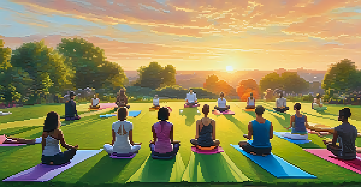 A diverse group of individuals practicing yoga together on a green lawn during sunset.
