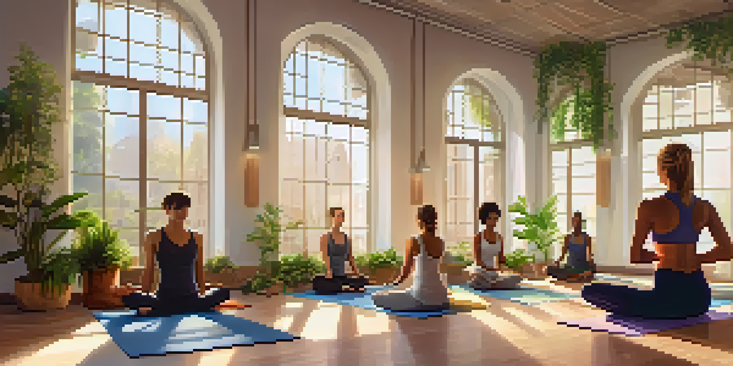 A group of diverse individuals practicing yoga in a bright and serene studio, surrounded by plants and soft morning light.