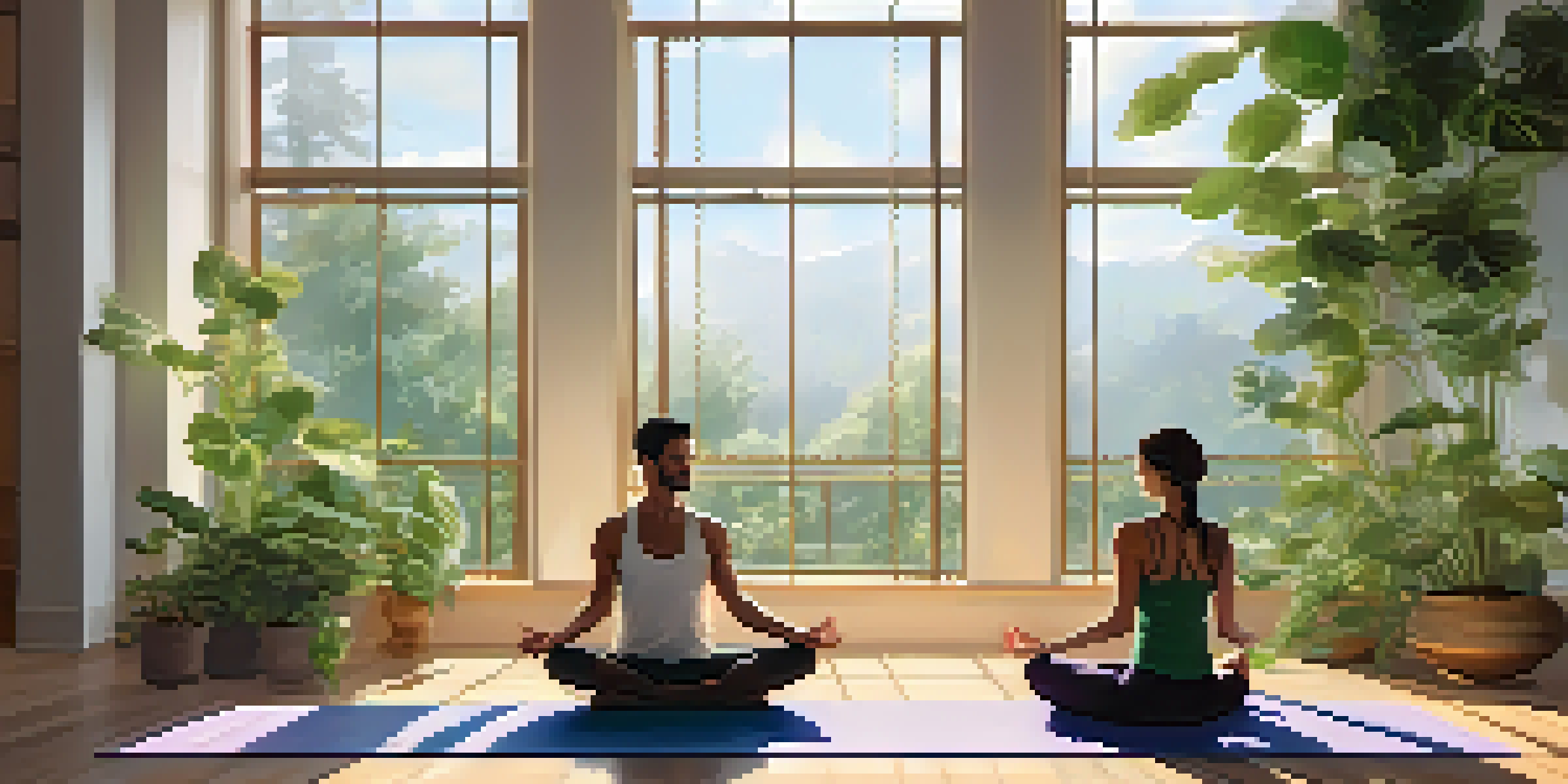 Two individuals practicing partner yoga in a sunlit studio, showcasing harmony and balance in a gentle pose.