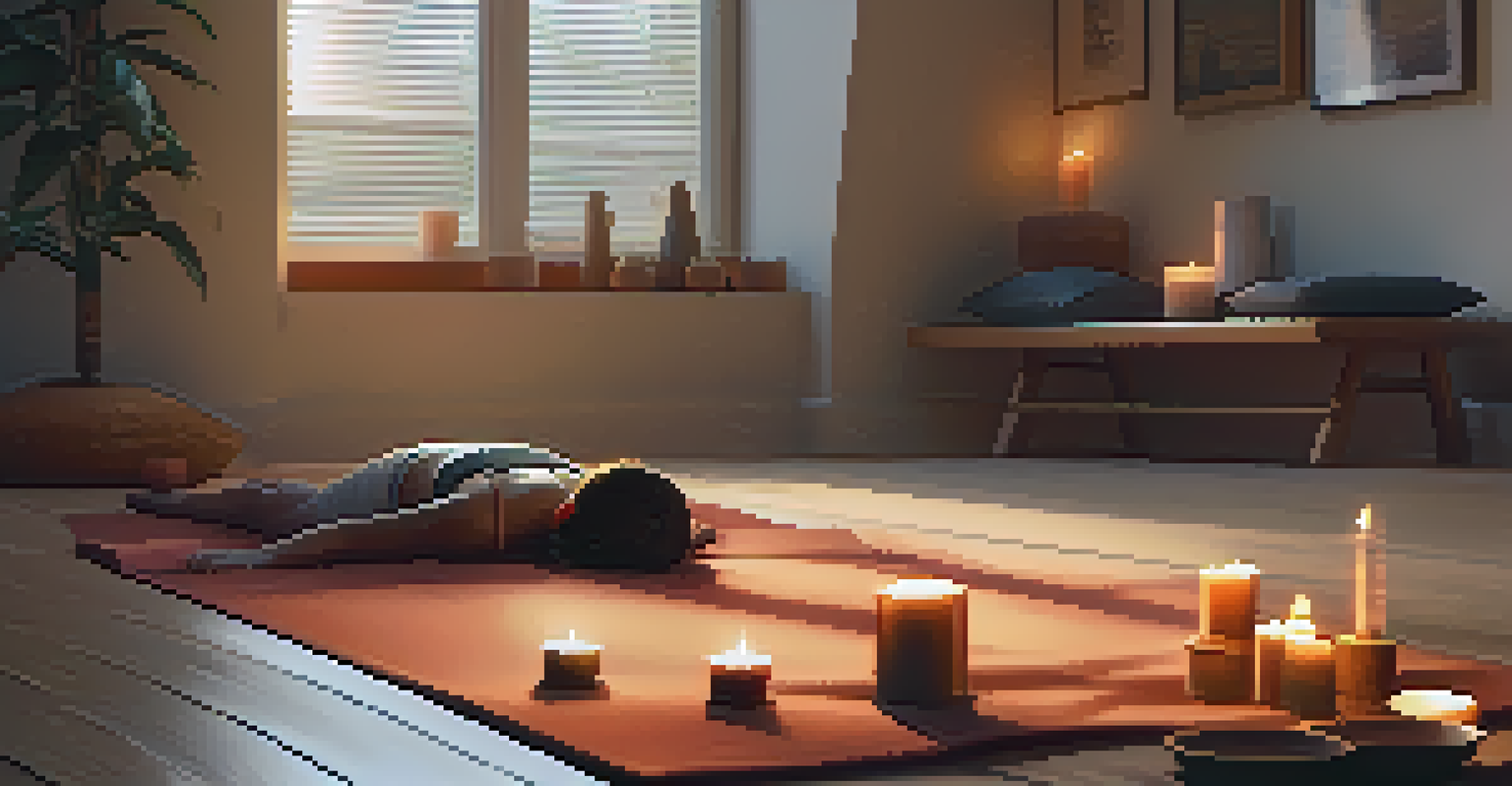 A person in Child's Pose on a yoga mat in a calming, softly lit room.