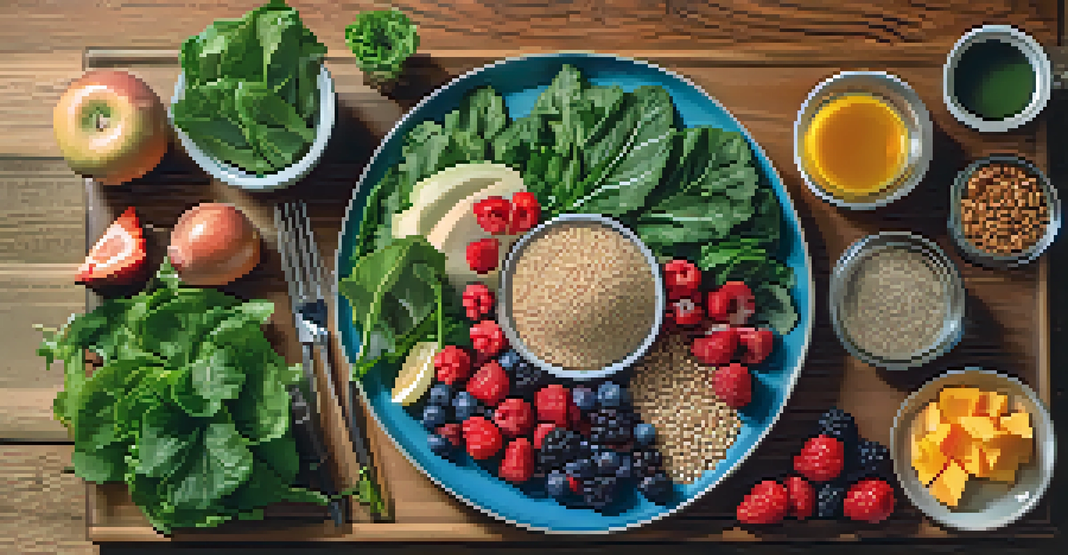 A close-up of a colorful plate filled with healthy foods like greens, berries, and proteins, emphasizing nutrition for yoga.