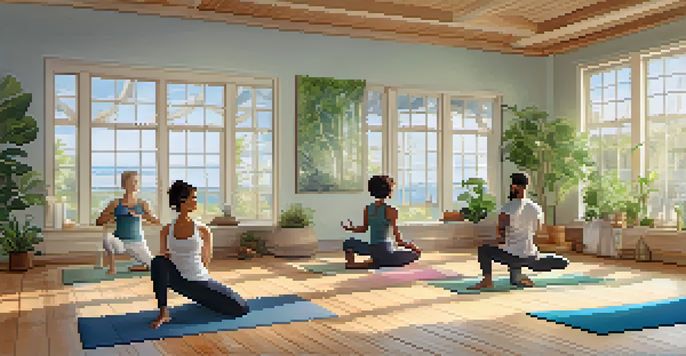 A diverse group of individuals practicing yoga in a bright, serene studio filled with natural light and plants.
