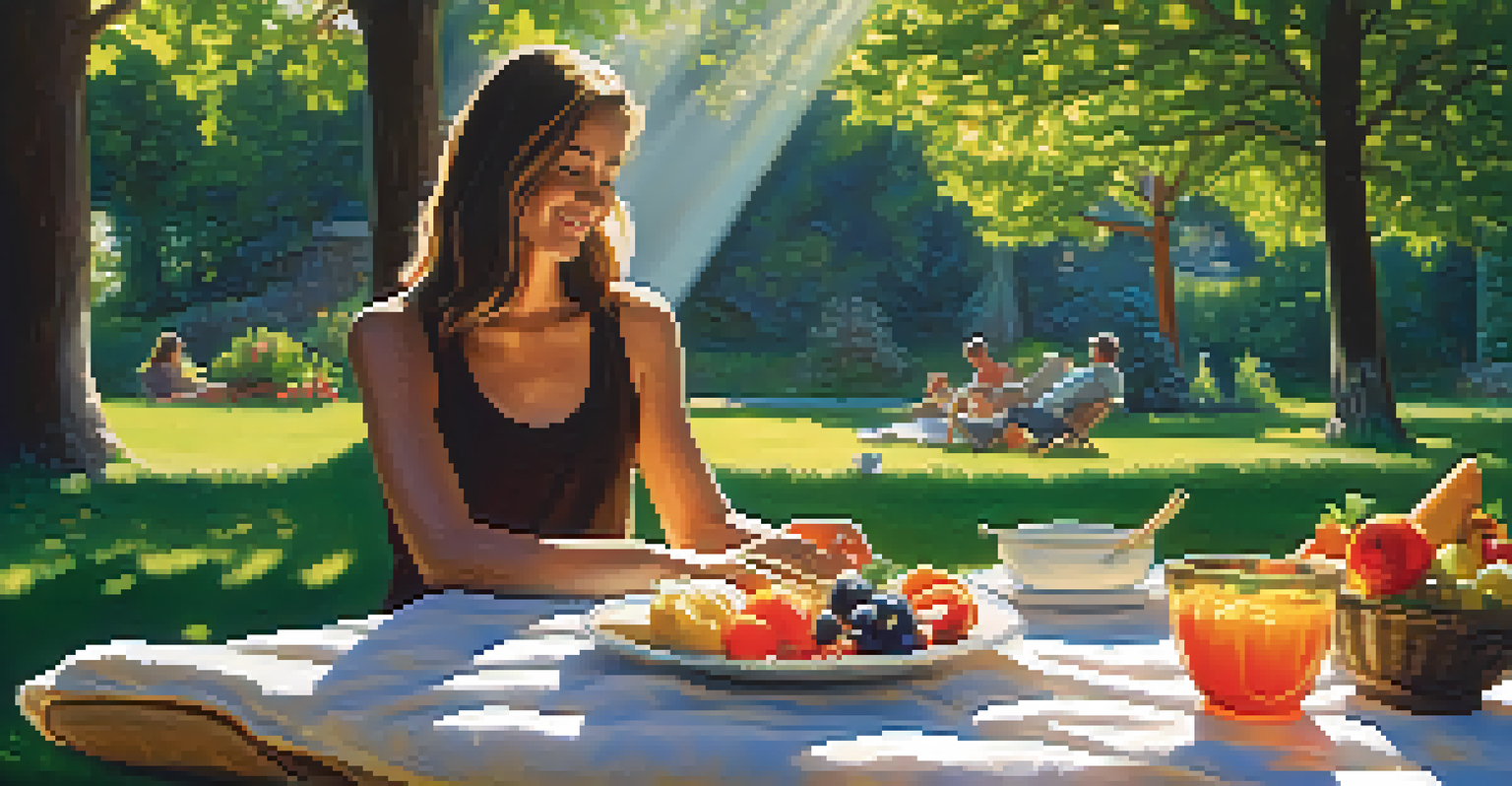 A person enjoying a colorful meal in a peaceful garden setting with sunlight filtering through trees.