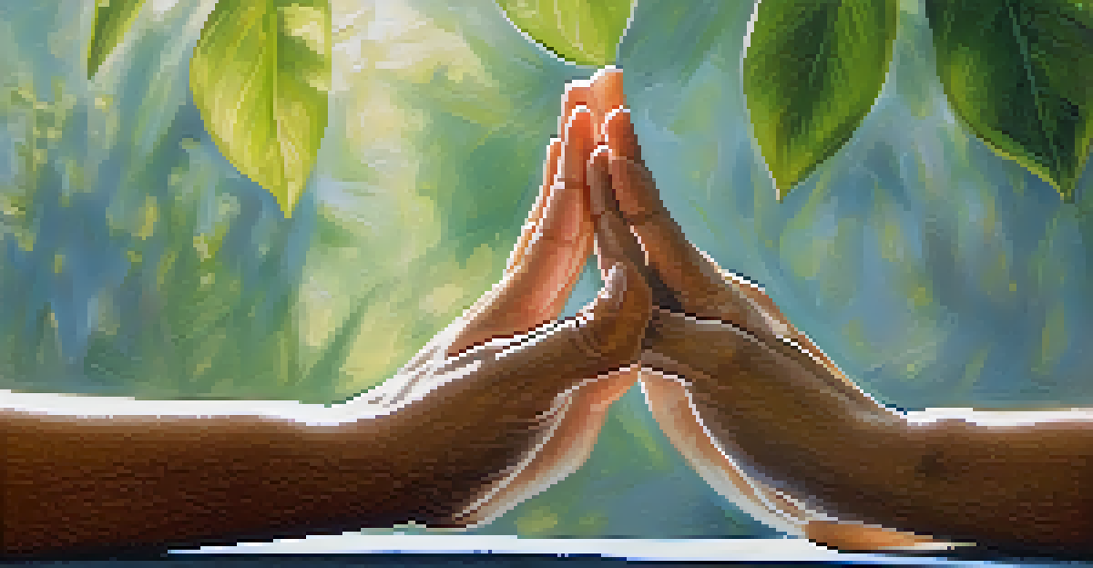 A close-up of hands in a yoga mudra, surrounded by soft light and a blurred green background.