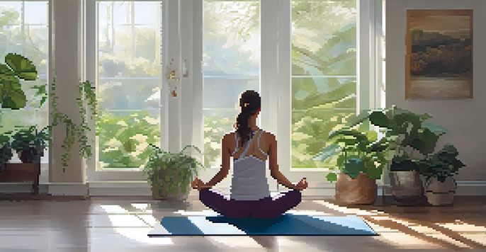 A peaceful yoga studio with a practitioner in Child's Pose, surrounded by plants and warm sunlight.