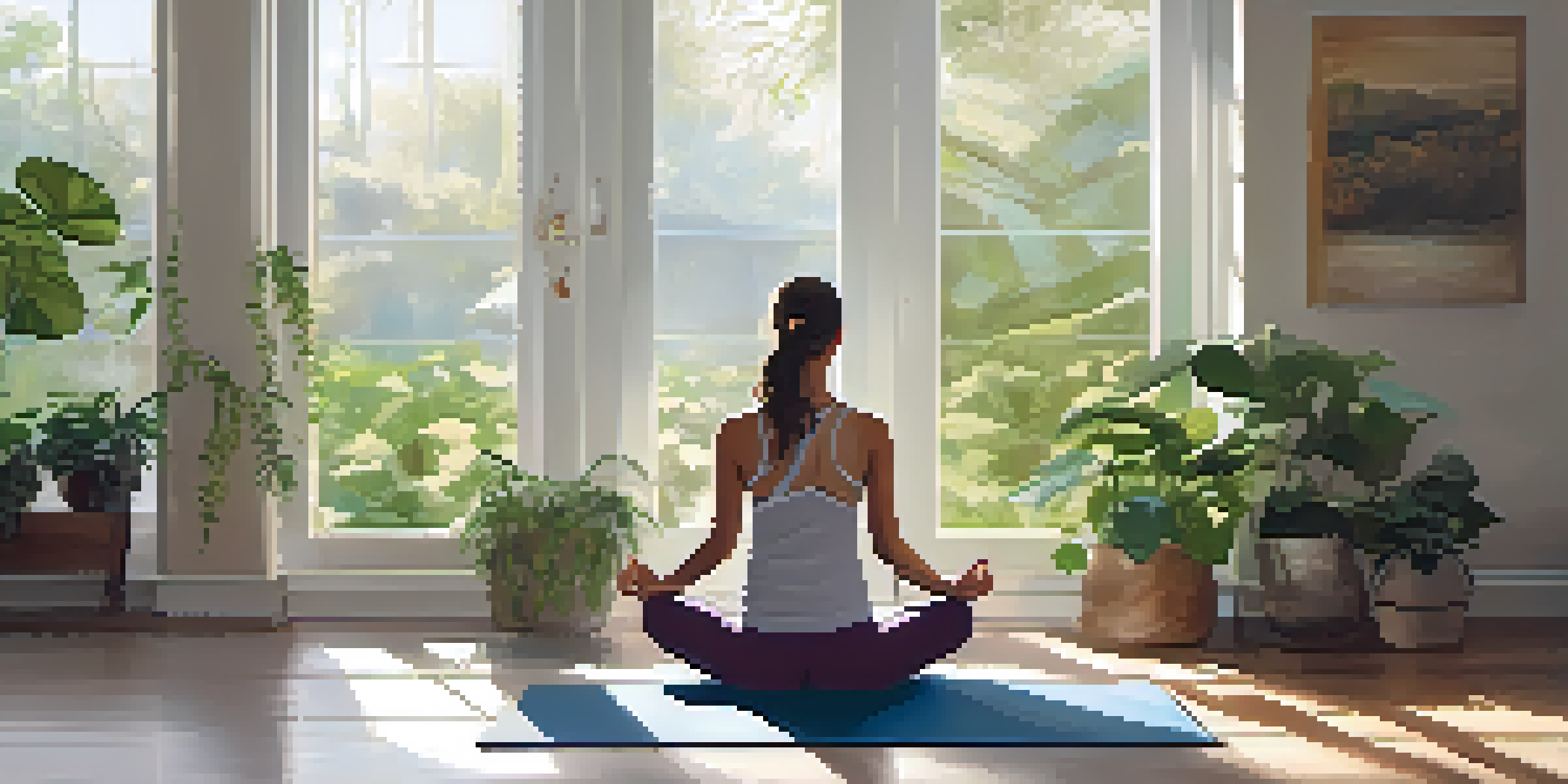 A peaceful yoga studio with a practitioner in Child's Pose, surrounded by plants and warm sunlight.