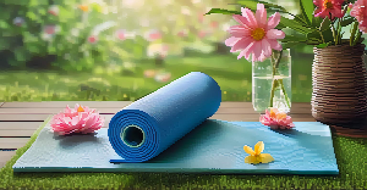 A yoga mat on grass with a reusable water bottle and stones, surrounded by a peaceful garden in the background.