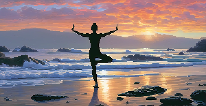 An athlete practicing yoga on a rocky beach at dawn, silhouetted against a colorful sky and ocean waves.