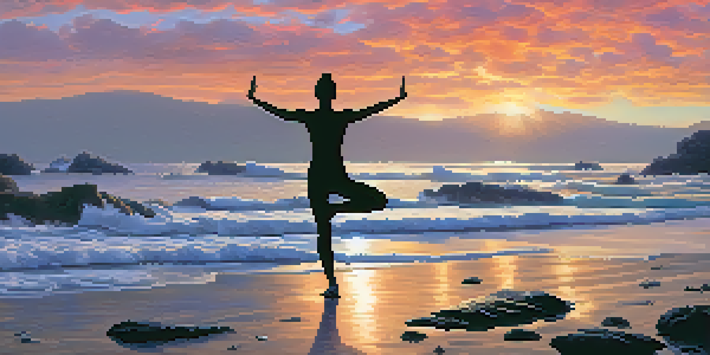 An athlete practicing yoga on a rocky beach at dawn, silhouetted against a colorful sky and ocean waves.