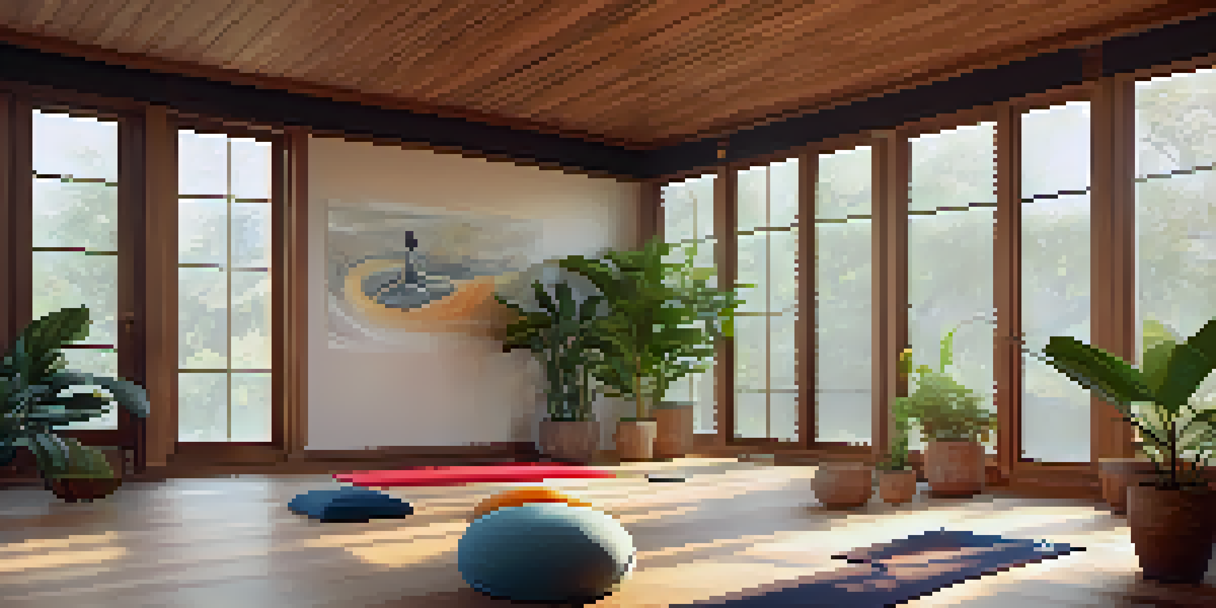 A peaceful yoga studio with natural light, featuring a person practicing Yoga Nidra on a yoga mat surrounded by plants and soft decor.