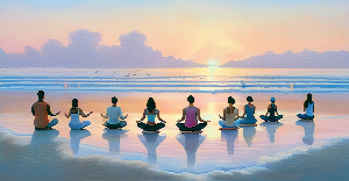 A diverse group of individuals practicing yoga on a beach at sunrise, with soft golden light and pastel skies.