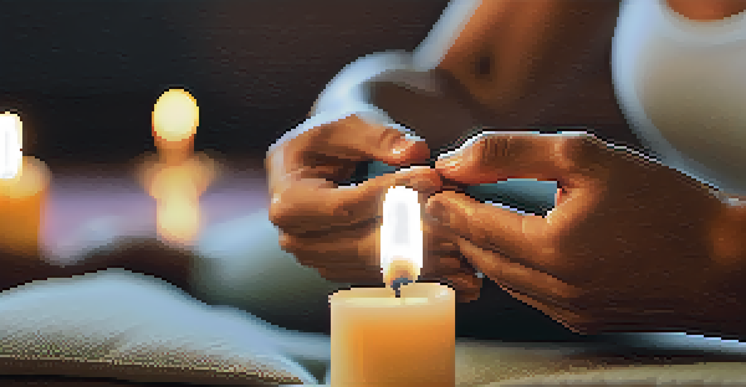 Close-up of hands in a mudra pose with a cozy meditation space in the background.
