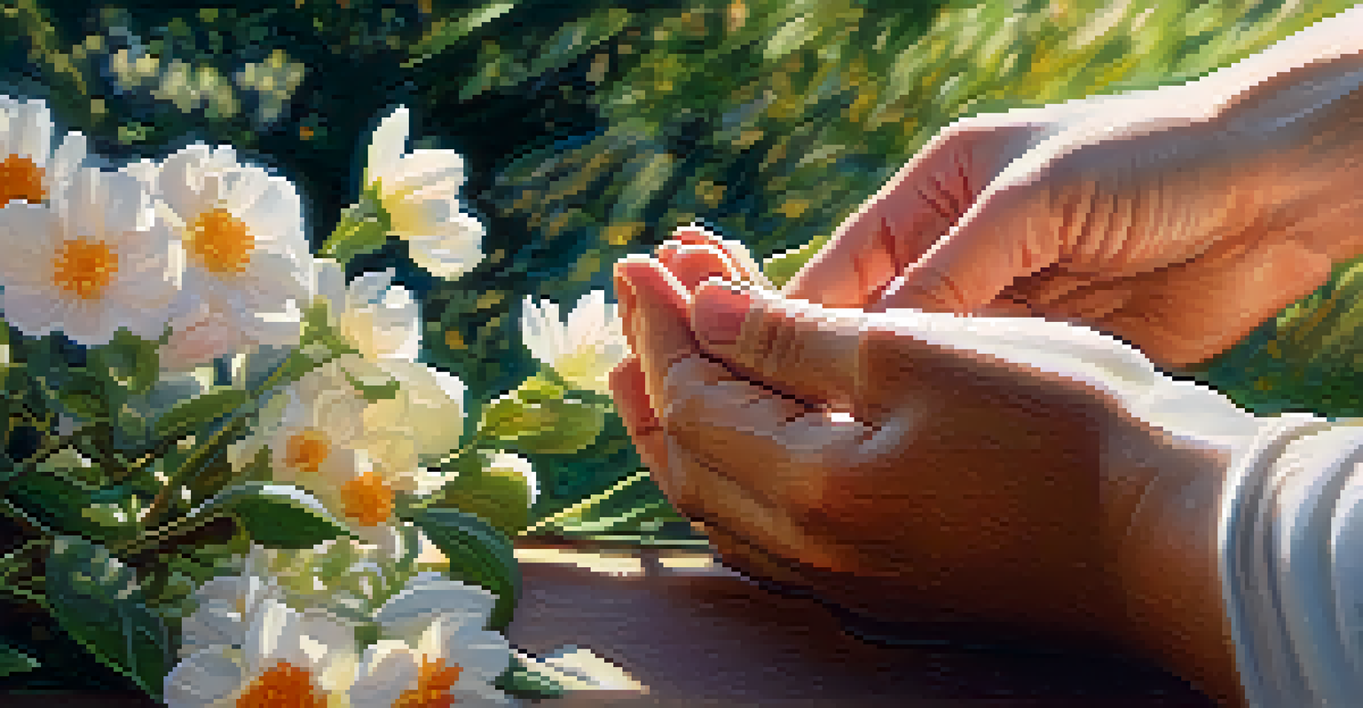 A close-up of hands in a meditative pose, surrounded by flowers and greenery, conveying a sense of peace and mindfulness.