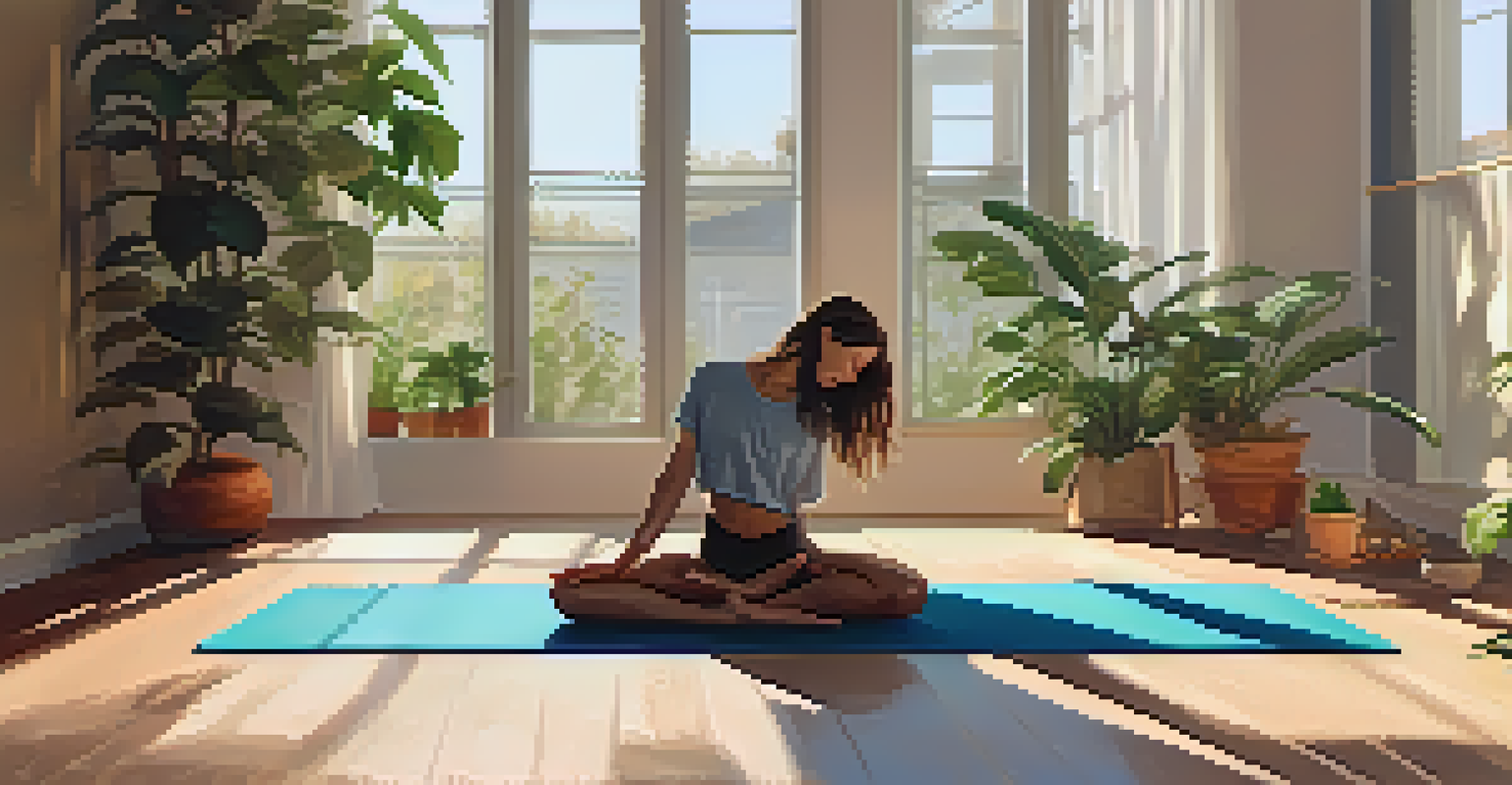 A person practicing child's pose in a tranquil yoga studio filled with plants and soft morning light.