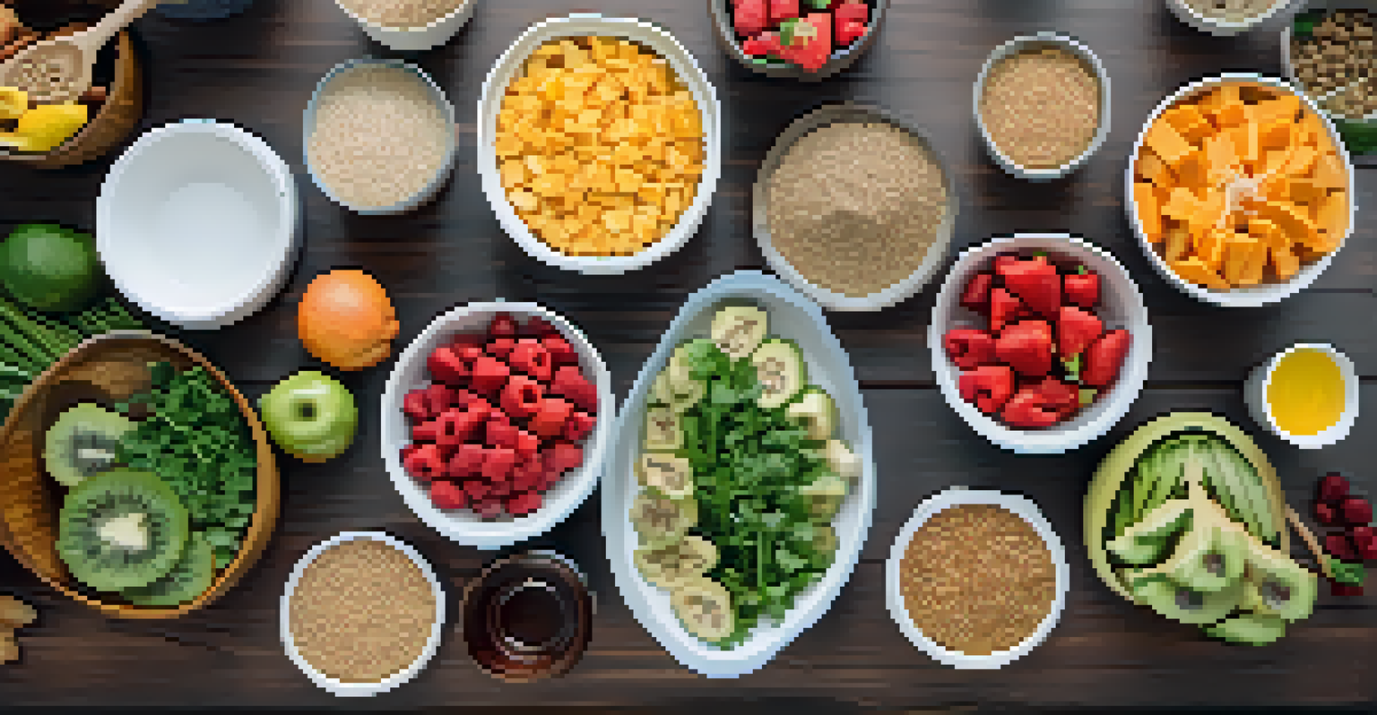 A meal prep station with healthy foods and a yoga mat, showcasing a balanced lifestyle.