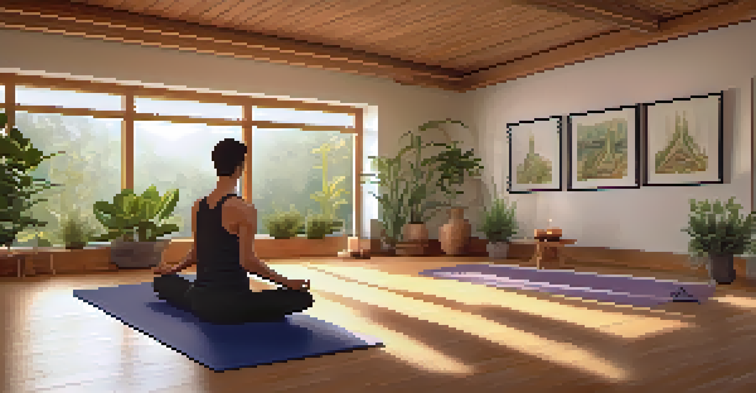 A man meditating on a yoga mat in a cozy indoor yoga studio with warm lighting and plants.