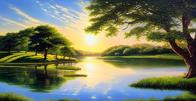 A peaceful landscape illustrating the five elements: earth with a tree, flowing water, a bright sun, soft clouds, and a wide horizon.