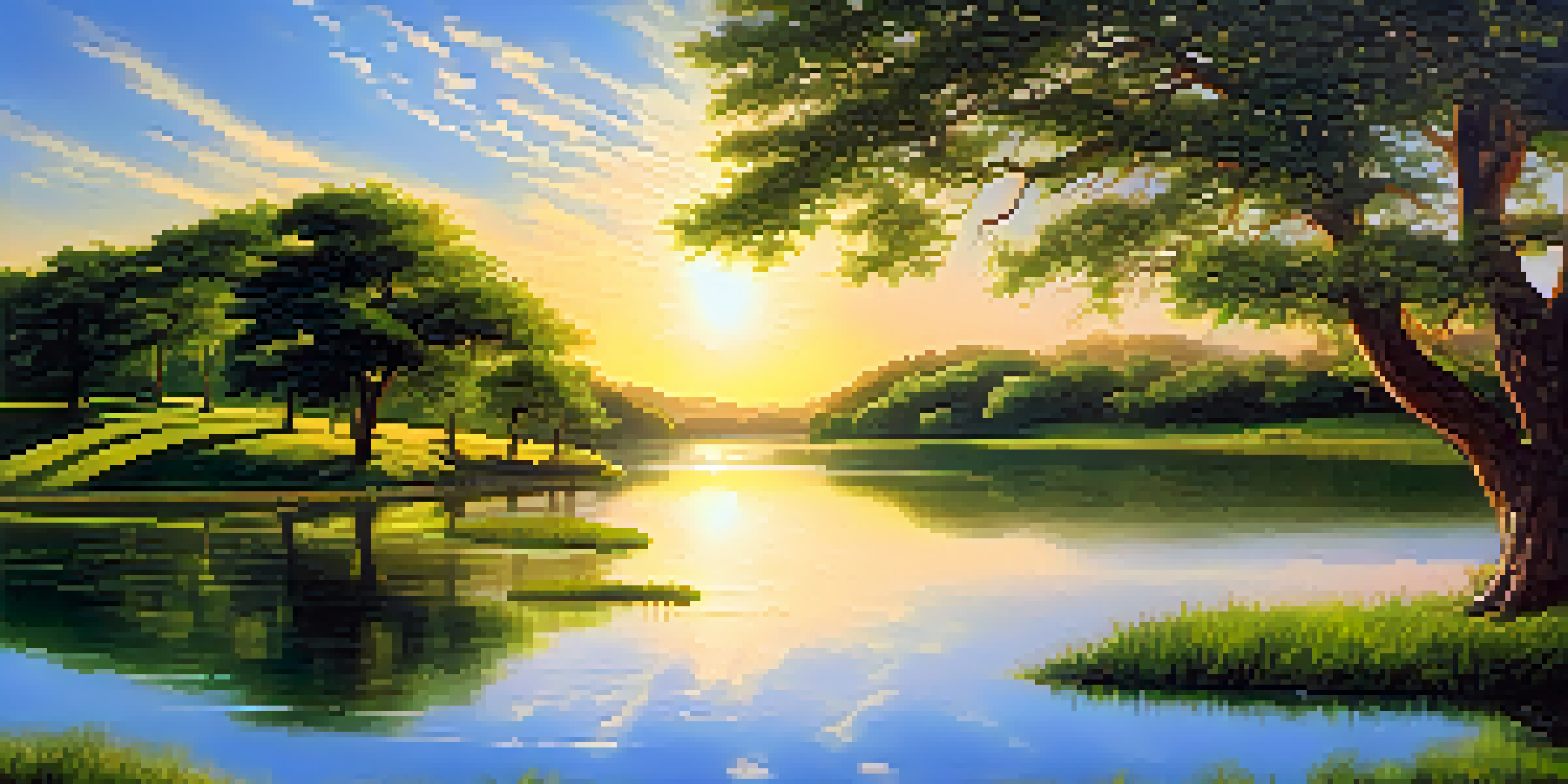 A peaceful landscape illustrating the five elements: earth with a tree, flowing water, a bright sun, soft clouds, and a wide horizon.