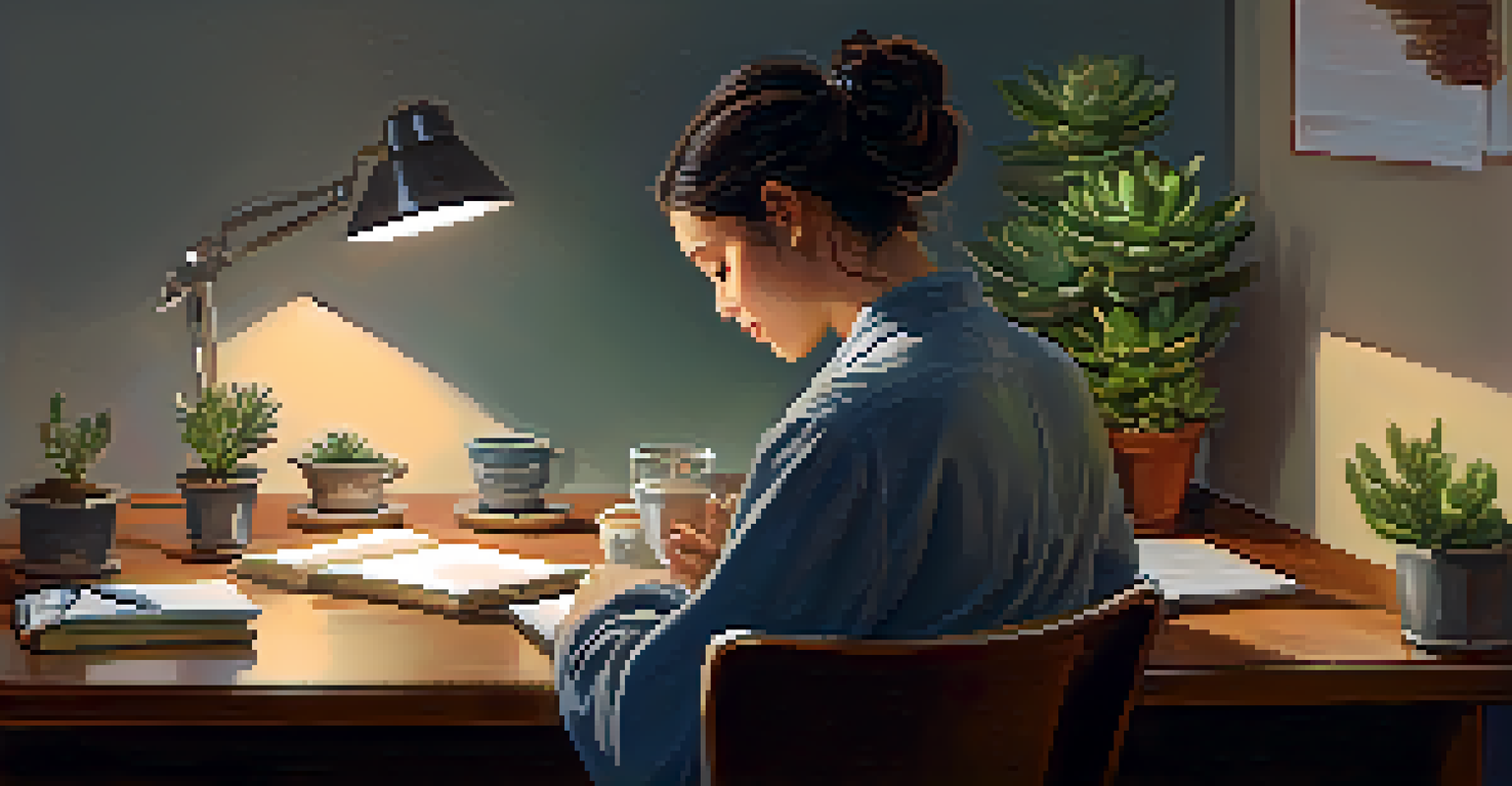 A person practicing mindful breathing at a desk, with eyes closed and a serene expression, surrounded by a well-organized workspace.