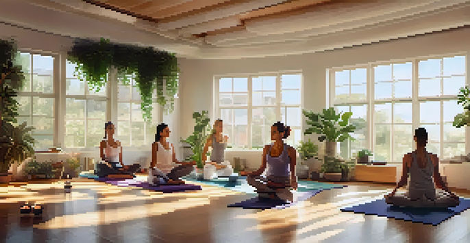 A diverse group of individuals practicing pranayama in a bright yoga studio filled with plants and natural light.