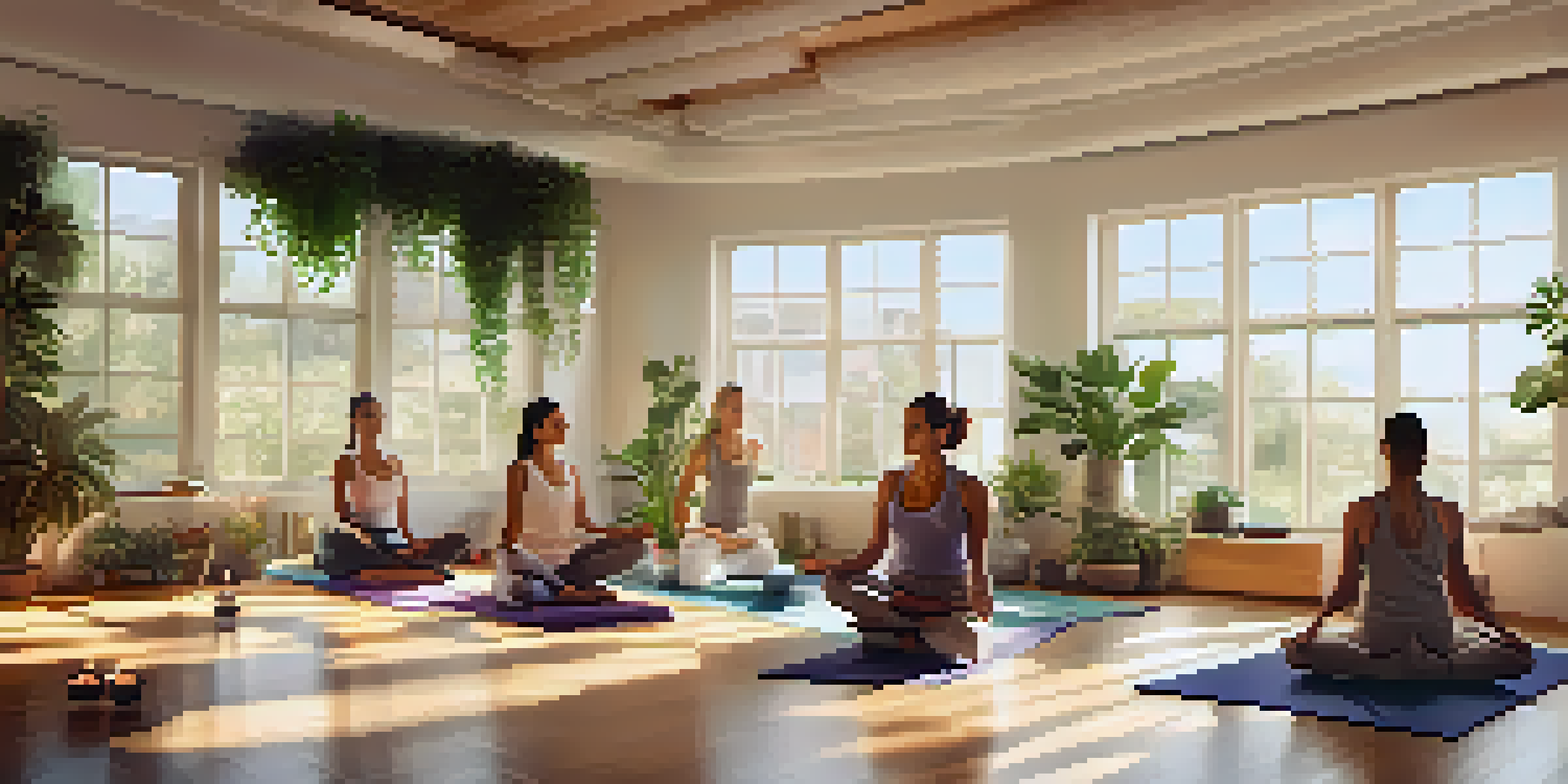 A diverse group of individuals practicing pranayama in a bright yoga studio filled with plants and natural light.