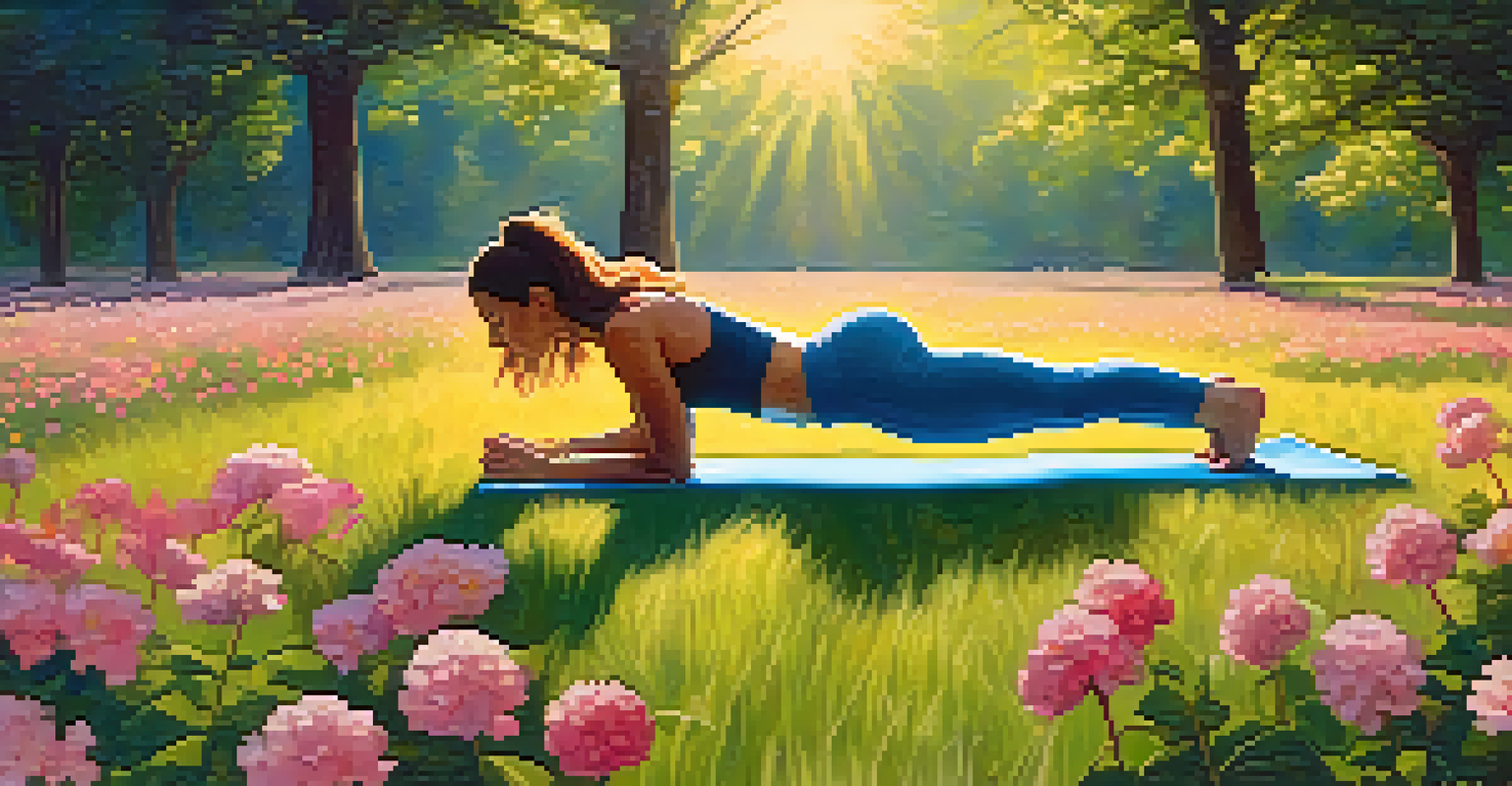 A person in Downward Facing Dog pose in a sunny field with flowers and trees around.